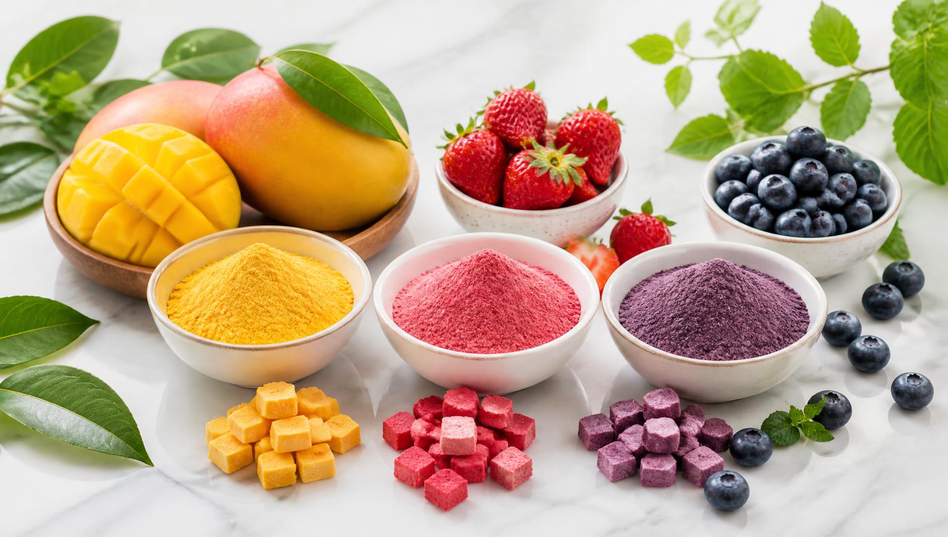 Spray-dried fruit powders and freeze-dried fruit cubes with fresh fruit